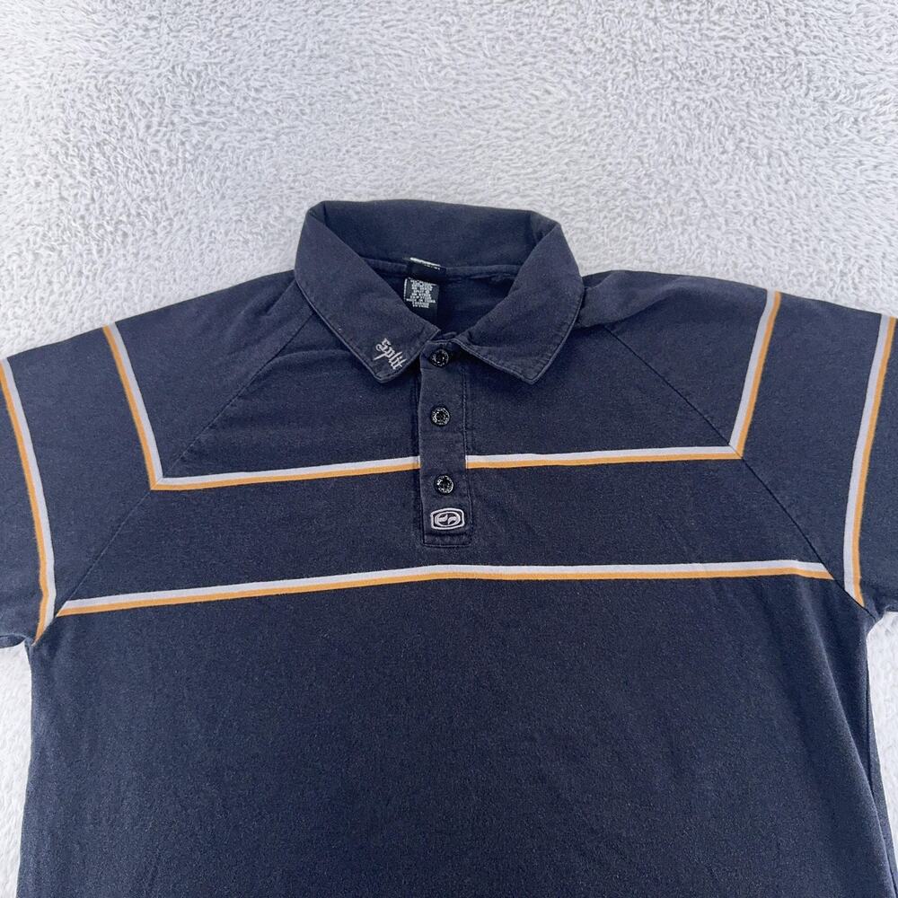 Split Polo Shirt Mens Large Black Yellow Striped Skate Casual Skateboarding Y2k
